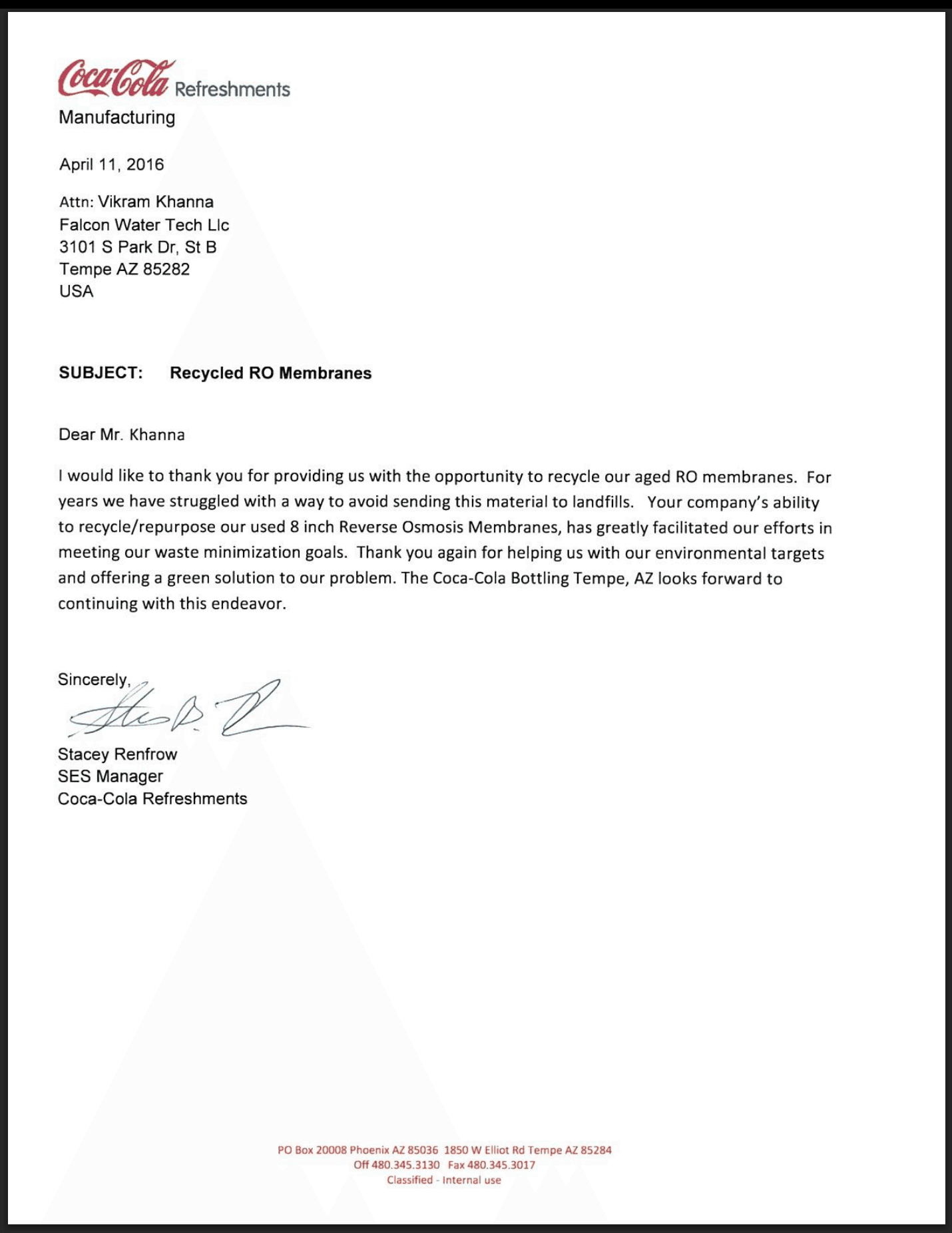 CocaCola RO Membrane Recycling Letter Vikram